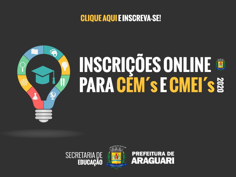 A Prefeitura Municipal de Araguari, através da Secretaria Municipal de Educação, abrirá inscrições para os araguarinos que desejam pleitear vagas para seus filhos nos Centros Municipais de Educação Infantil – CMEIs e nos Centros Educacionais Municipais - CEMs.