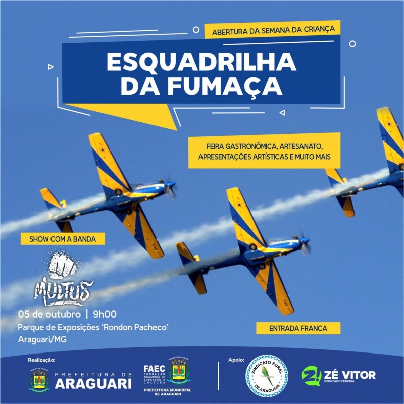 A Prefeitura de Araguari, a Fundação Araguarina de Educação e Cultura – FAEC e com o envolvimento de diversas das Secretarias Municipais, iniciaram os preparativos finais para o sábado festivo que contará com apresentação da Esquadrilha da Fumaça em Araguari, iniciando os preparativos para a Semana da Criança.