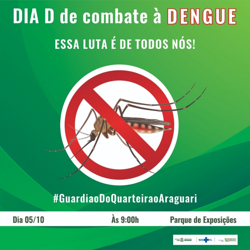 Com a chegada das chuvas, a Prefeitura de Araguari já está intensificando as ações de combate ao mosquito transmissor da Dengue, Zika Vírus e febre Chikungunya. No próximo sábado (05), a Secretaria de Saúde estará no Parque de exposições durante a apresentação da Esquadrilha da Fumaça, das 8h às 12h, alertando sobre a necessidade em combater o mosquito. O Dia D de Combate à Dengue consiste em ações coordenadas pela Prefeitura, no intuito de conscientizar a população sobre a importância do engajamento de todos na luta contra o Aedes.