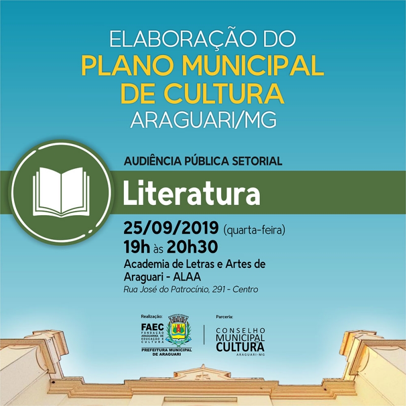 A Fundação Araguarina de Educação e Cultura - FAEC, em parceria com o Conselho Municipal de Cultura, realiza, nesta quarta-feira, 25, a audiência pública para a elaboração do Plano Municipal de Cultura – PMC – abordando o tema “Literatura”, instrumento de planejamento estratégico que orientará a execução da política cultural na cidade de Araguari para os próximos dez anos.