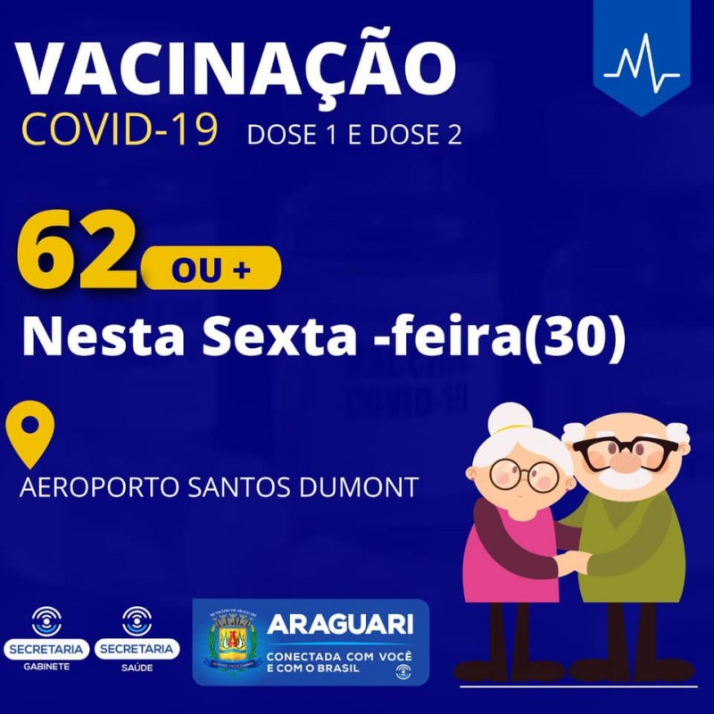 VACINAÇÃO de pessoas com 62 anos ou mais continua nesta sexta em ARAGUARI.