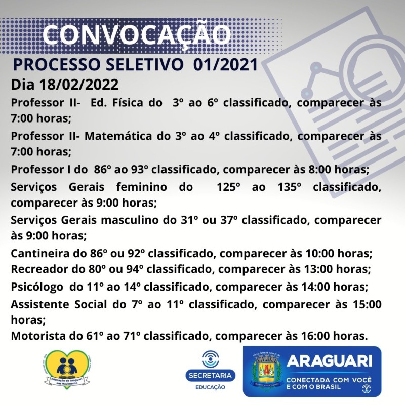 CONVOCAÇÃO DO PROCESSO SELETIVO 01/2021