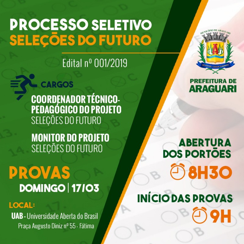 Prefeitura de Araguari informa inscritos em Processo Seletivo sobre realização das provas