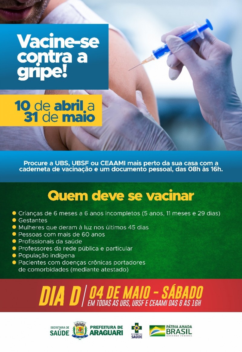 Dia “D” Nacional de vacinação contra a influenza (gripe) acontecerá neste sábado em Araguari