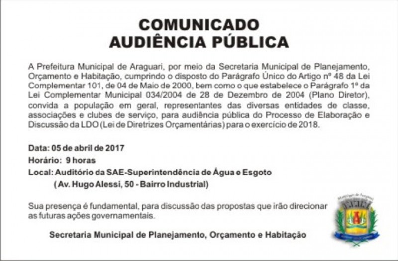 Prefeitura confirma audiência pública da LDO para o dia 05 de abril