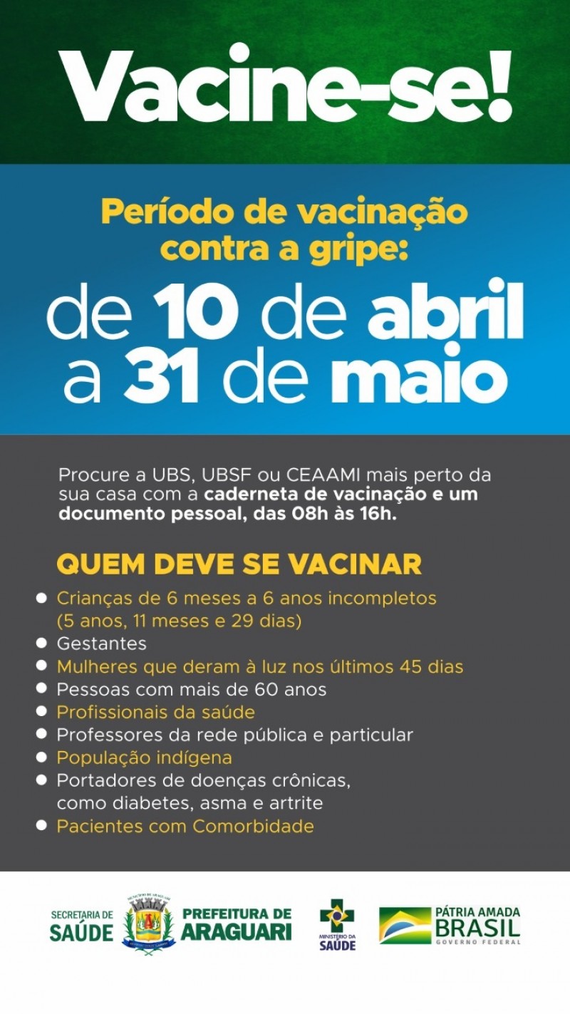  Vacinação contra a Influenza (gripe) começa nessa quarta-feira (10)