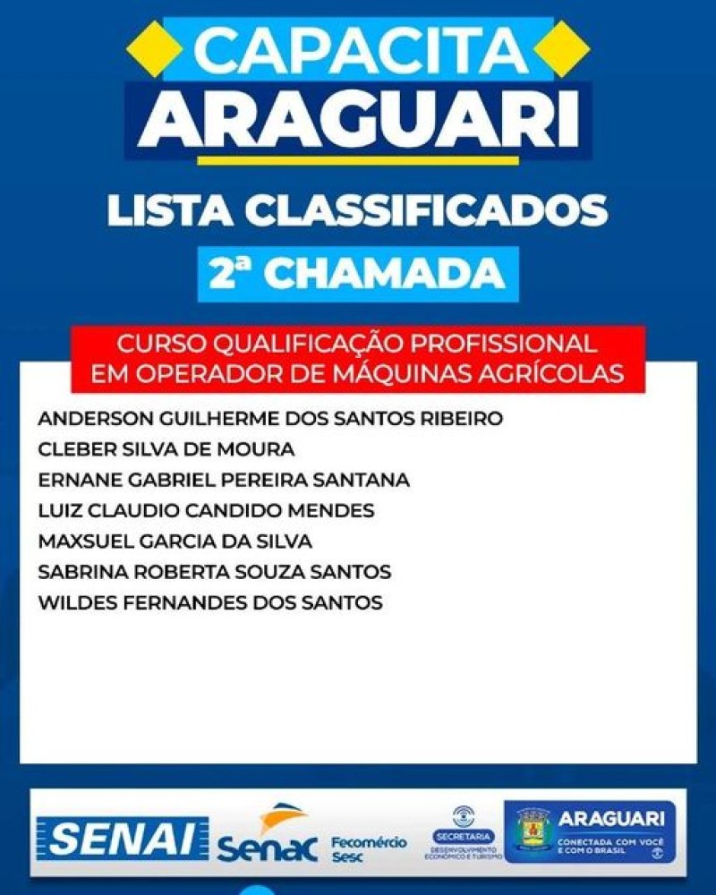O programa “Capacita Araguari”, informa a lista de contemplados em 2ª chamada, do Curso de Qualificação Profissional em Operador de Máquinas Agrícolas. O Capacita Araguari é uma parceria do SENAI, SENAC, Fenicomércio/SESC, com a Prefeitura de Araguari, at