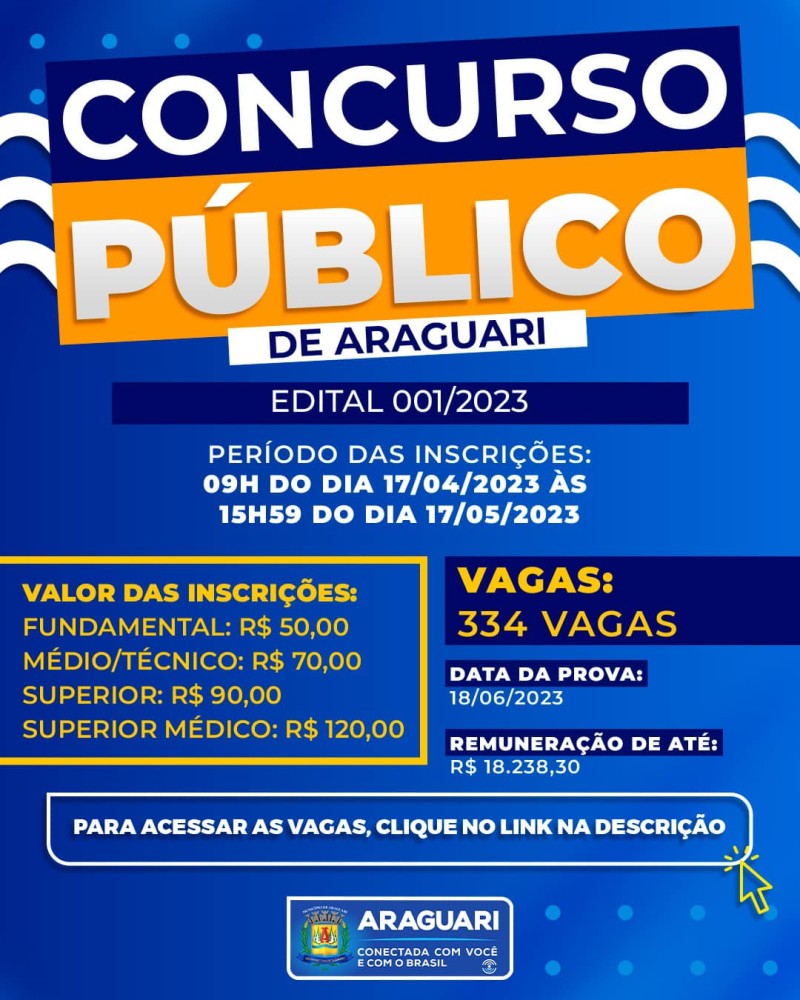 Inscrições para Concurso Público e Processo Seletivo para a prefeitura de Araguari começam nesta segunda-feira