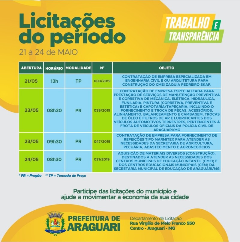 Prefeitura de Araguari convida interessados em participarem das próximas licitações do município