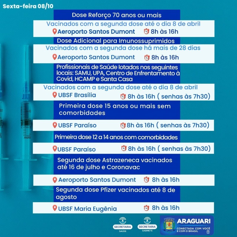 Prefeitura de Araguari avança com vacinação de primeira dose para pessoas de 15 anos ou mais