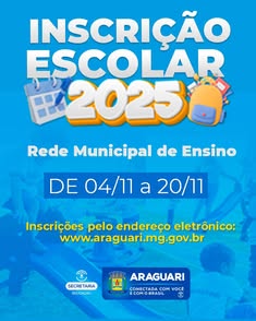 Garanta a vaga do seu filho na Rede Municipal de Ensino de Araguari! Cadastre-se na lista de espera até 20/11 no site da prefeitura. Dúvidas? Procure a Secretaria de Educação. Lista de classificação sai em 01/12. Matrículas a partir de 02/12.