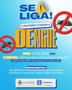 Araguari investe na saúde com duas novas ambulâncias e intensifica o combate à dengue. Participe do mutirão nos bairros Novo Horizonte e Amorim com atividades educativas, limpeza de terrenos e atualização vacinal. Juntos por uma cidade mais saudável!