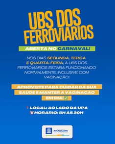 A UBS dos Ferroviários funcionará normalmente de segunda a quarta, das 8h às 20h, com vacinação disponível. Aproveite para cuidar da saúde e manter a vacinação em dia. Localizada ao lado da UPA. #SaúdeParaTodos #Vacinação