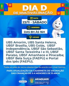 Prefeitura de Araguari realiza Dia D de Multivacinação para crianças de 0 a menores de 15 anos. Evento acontece no dia 23 de novembro, das 8h às 16h, em diversas Unidades de Saúde da cidade. Salas de vacina estão abastecidas.