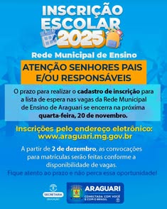 Prazo para cadastro na lista de espera da Rede Municipal de Ensino de Araguari encerra na quarta-feira. Não perca essa oportunidade de garantir vaga para as crianças.