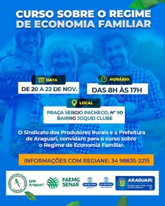 Prefeitura de Araguari oferece curso de Economia Familiar com apoio do Sindicato dos Produtores Rurais e FAEMG/SENAR. Inscrições abertas para evento de 20 a 22 de novembro. Mais informações e inscrições pelo link ou telefone disponíveis.