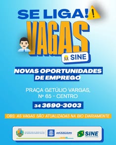 O Sine Araguari oferece diversas vagas de emprego, incluindo açougueiro, ajudante de obras, atendente de balcão, entre outros. Interessados devem comparecer com documentos. Vagas sujeitas a alterações. Mais informações na Pça Getúlio Vargas, 65, ou pelo t