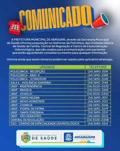 Prefeitura de Araguari disponibiliza telefones e WhatsApp para comunicação com pacientes aguardando consultas nas unidades de saúde. Cuidado e informação para a população. #Saúde #Araguari #MinasGerais