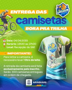 Participe da trilha em Araguari no dia 04/04/2025, das 13h30 às 17h, na SAE. Garanta sua camiseta levando 1 litro de leite e retirando pessoalmente. Aproveite, são apenas 300 unidades disponíveis! #PrefeituraDeAraguari #mg #BoraPraTrilha ??‍♂️?