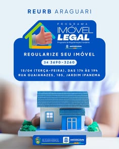 Participe do próximo atendimento do Reurb em Araguari! Regularize sua propriedade no dia 15/04, das 17h às 19h, na Rua Guainazes, 185. Sua presença é fundamental para avançar no processo. #PrefeituraDeAraguari #Mg #RegularizaçãoFundiária.