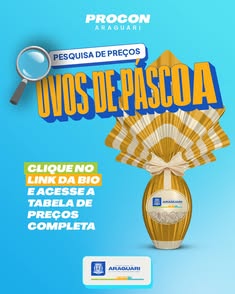 PROCON de Araguari divulga pesquisa de preços de ovos de Páscoa. Confira os valores entre os dias 7 e 10 de abril de 2025. Acesse as tabelas completas: https://drive.google.com/file/d/1JCBN7VLtJqii4tctnvr2FIawz0uFYHIo/view?usp=sharing.