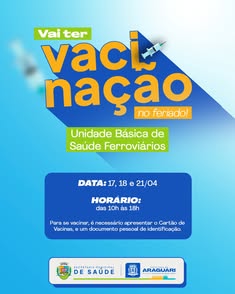 Prefeitura de Araguari disponibiliza vacinação contra Influenza na UBS Ferroviários nos dias 17, 18 e 21 de abril. Grupos prioritários e documentos necessários para imunização. Proteja-se e cuide da sua saúde!