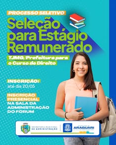Prefeitura de Araguari abre processo seletivo de estágio remunerado para estudantes de Direito. Inscrições até 20/05/2025 para alunos do 3º ao 8º período. Prova em 23/05/2025. Oportunidade de adquirir experiência prática e contribuir para a cidade. Mais i