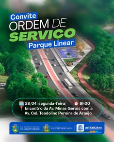 Prefeitura de Araguari convida para solenidade de Ordem de Serviço do Parque Linear, maior obra da história da cidade. Evento será em 28/04/2025, às 9h, no encontro das avenidas Minas Gerais e Coronel Teodolino Pereira de Araújo. Presença é importante par