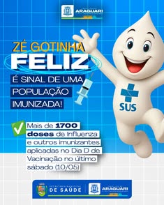 Sucesso no Dia D de Vacinação em Araguari: mais de 1.700 doses aplicadas, incluindo vacina contra influenza. Zé Gotinha comemora e cidade fica mais protegida. #Vacinação #AraguariProtegida #ZéGotinhaAgradece