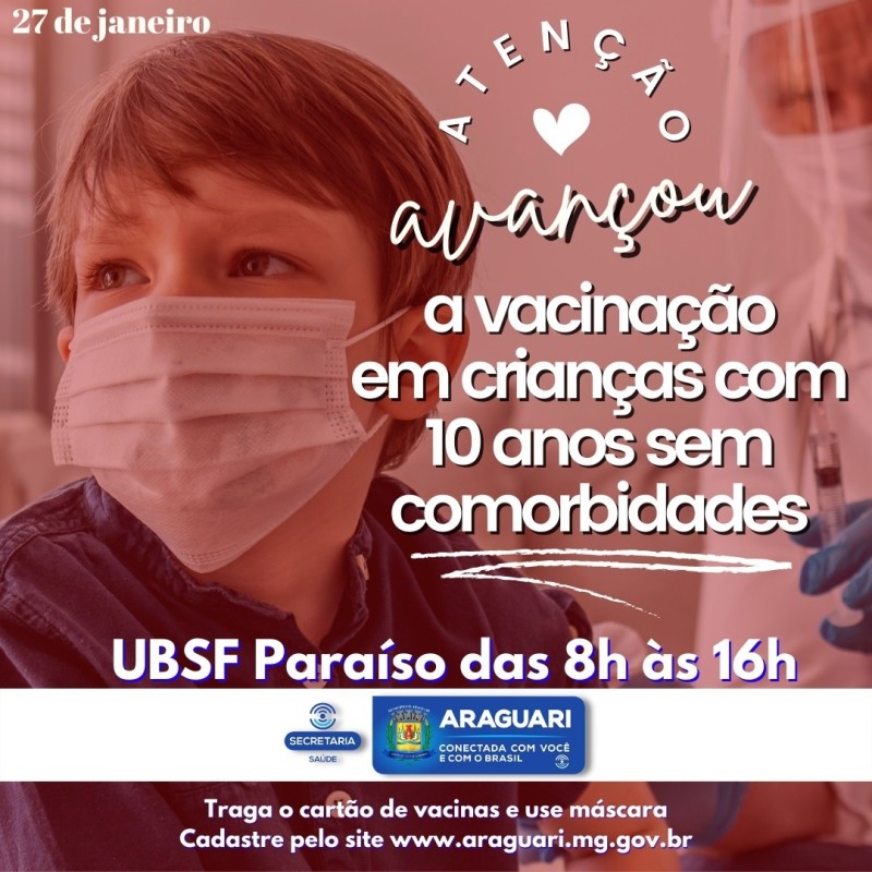 Araguari avança e passa a vacinar crianças SEM comorbidades de 10 anos