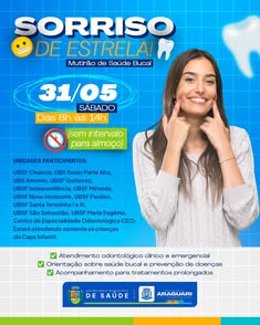 Mutirão Sorrisos de Estrela oferece atendimento odontológico gratuito em Araguari. Evento acontece no dia 31 de maio, das 8h às 14h, em diversas unidades de saúde da cidade. Serviços incluem atendimento clínico, orientações de saúde bucal e acompanhamento