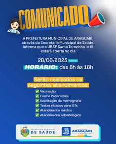 UBSF Santa Terezinha I e III em Araguari terá programação especial de atendimentos no sábado, 28 de junho, das 8h às 16h. Vacinação, exames e atendimentos médicos e odontológicos disponíveis. Participe e cuide da sua saúde! #Saúde #Araguari #Prevenção