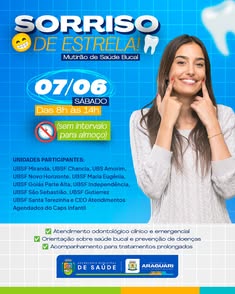 Mutirão de Saúde Bucal em Araguari oferece atendimento odontológico gratuito para toda a população. Evento acontece no dia 07 de junho, das 8h às 14h, em diversas unidades de saúde. Serviços incluem atendimento clínico, orientação e acompanhamento de trat
