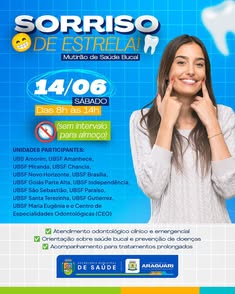 Prefeitura de Araguari promove mais uma etapa da Campanha Sorriso de Estrela, com atendimento odontológico gratuito neste sábado. Unidades de Saúde estarão abertas das 8h às 14h. A ação visa reduzir urgências e ampliar acesso à saúde bucal de qualidade. P