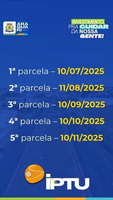 Prefeitura de Araguari divulga calendário de pagamento do IPTU 2025. Contribuintes podem optar por cota única ou parcelamento em até cinco vezes. Atrasos geram multa e juros. Mais informações no setor de Tributação da Prefeitura ou canais oficiais. #Prefe