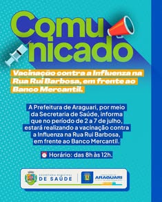 Prefeitura de Araguari realiza ação de vacinação contra a Influenza na Rua Rui Barbosa. Atendimento gratuito das 8h às 12h, de 2 a 7 de julho, para proteger a população contra a gripe. Vacinação é fundamental para prevenir complicações, especialmente em g