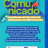 Prefeitura de Araguari amplia horário de vacinação na UBS Amorim a partir de julho. Atendimento será estendido até às 21h, de segunda a sexta, visando facilitar acesso da população, principalmente trabalhadores e estudantes. Medida visa aumentar cobertura