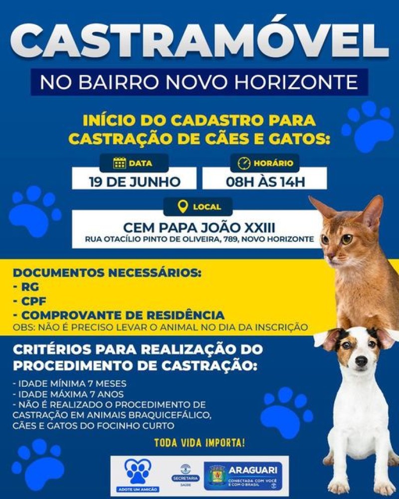 Castramóvel da prefeitura estará no Bairro Novo Horizonte nesta segunda-feira
