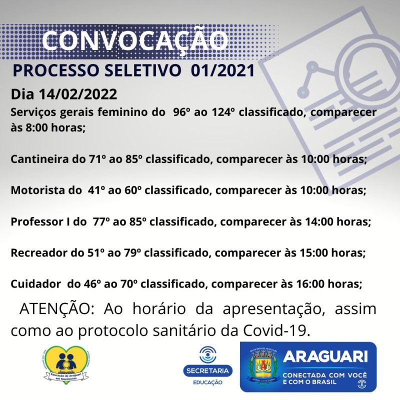 CONVOCAÇÃO DO PROCESSO SELETIVO 01/2021