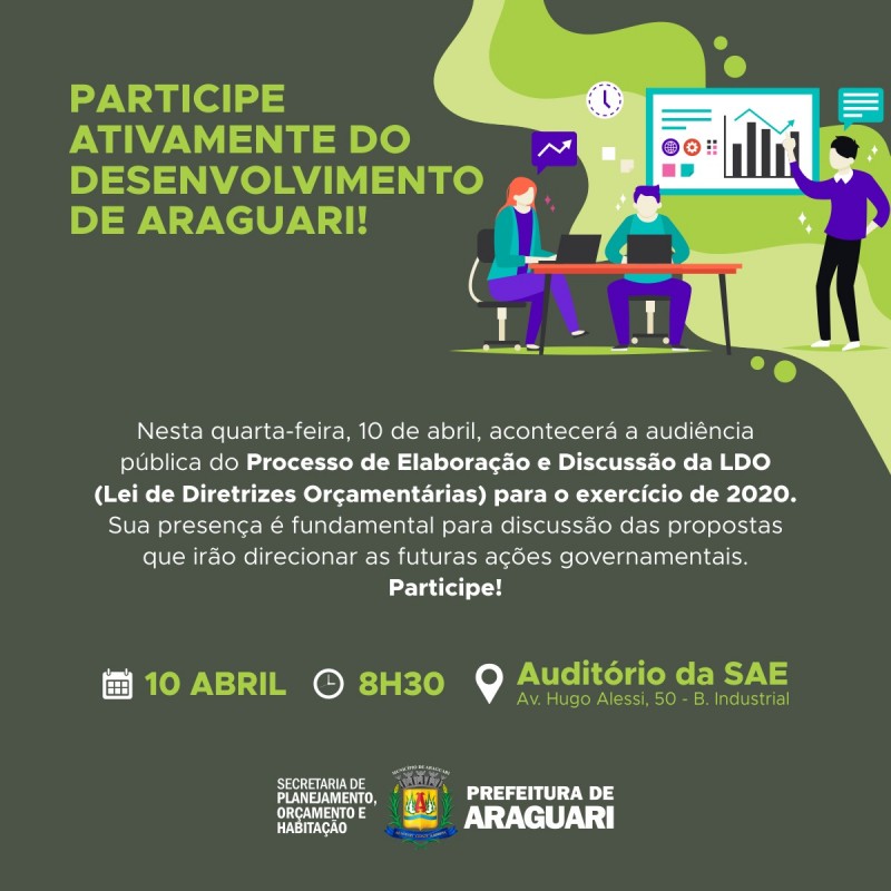 Prefeitura realizará audiência pública da Lei de Diretrizes Orçamentárias (LDO) nesta quarta-feira (10)