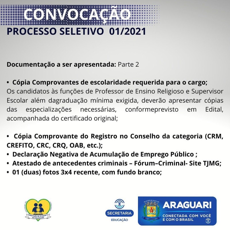 CONVOCAÇÃO DO PROCESSO SELETIVO 01/2021