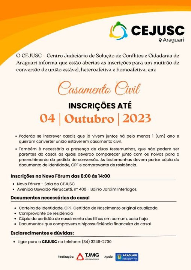CEJUSC abre inscrições para mutirão de Casamentos Comunitários em Araguari