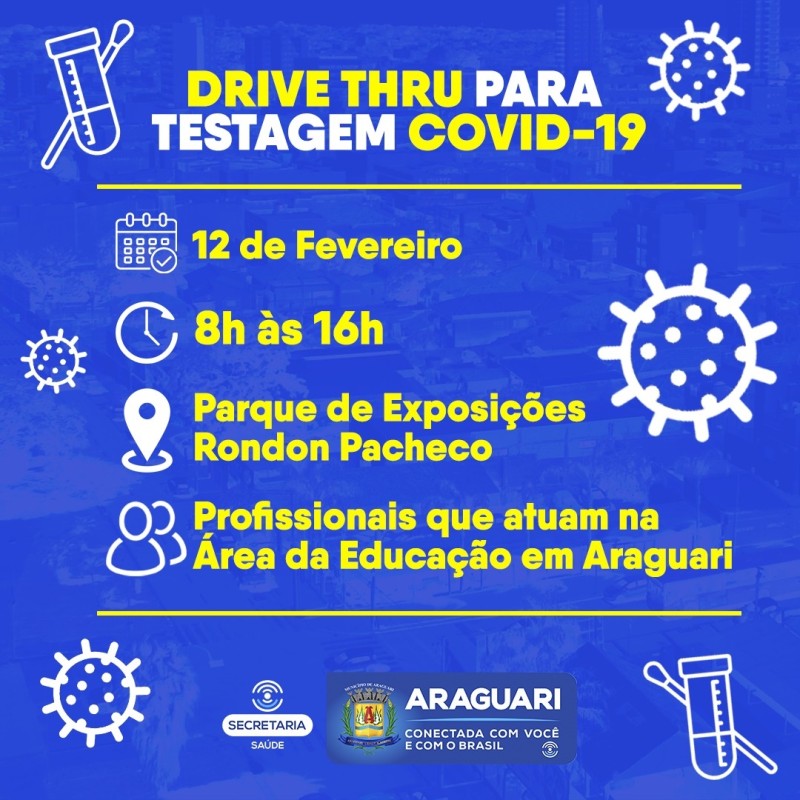 Prefeitura de Araguari promove Drive Thru de testagem para Covid-19 para profissionais da Educação neste sábado