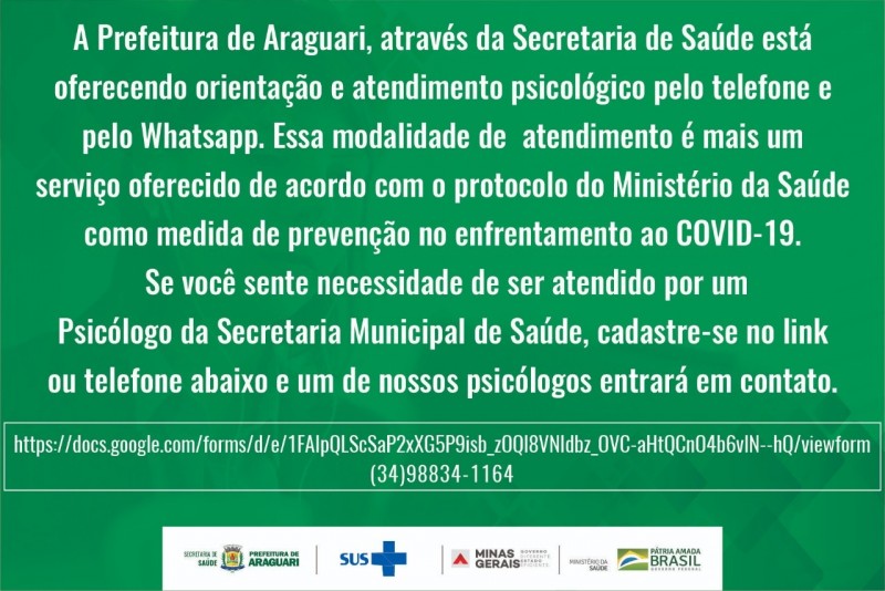 Secretaria de Saúde modifica o atendimento psicológico durante a pandemia da COVID-19