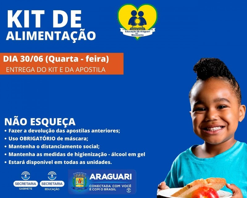 A Secretaria Municipal de Educação fará nesta quarta-feira, dia 30 de Junho , a entrega do kit alimentação e troca das apostilas para os alunos da Rede Municipal de Ensino.