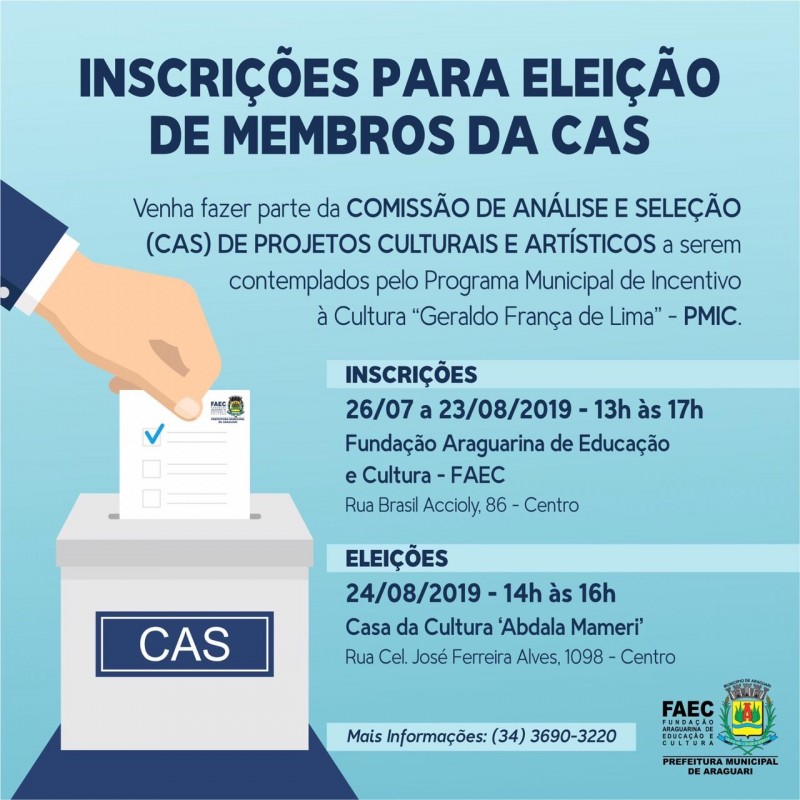 FAEC abre inscrições para a eleição de membros da Comissão de Análise e Seleção de Projetos Culturais e Artísticos – CAS