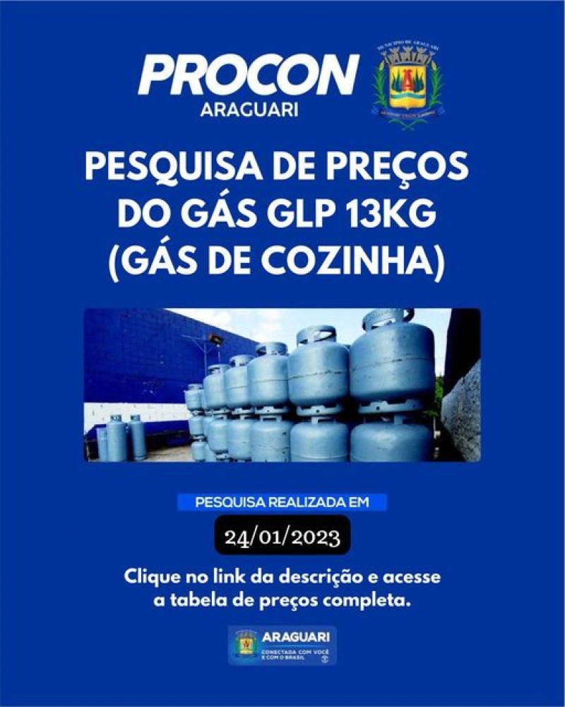 Pesquisa de preços do gás GLP 13 kg (GÁS DE COZINHA), realizada no dia 24/01/2023.