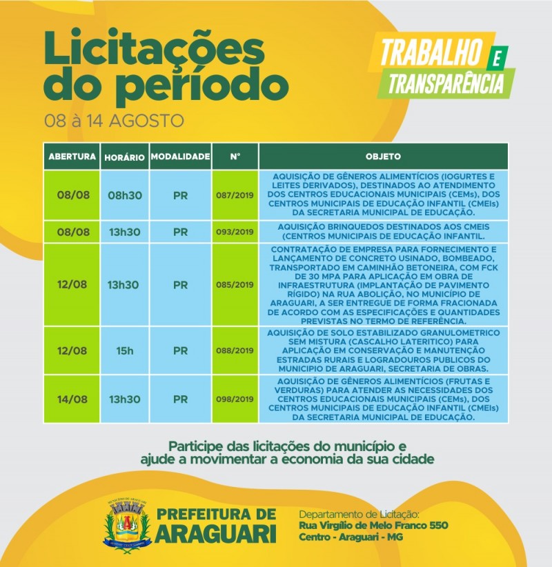 Prefeitura de Araguari divulga cronograma das próximas licitações do município