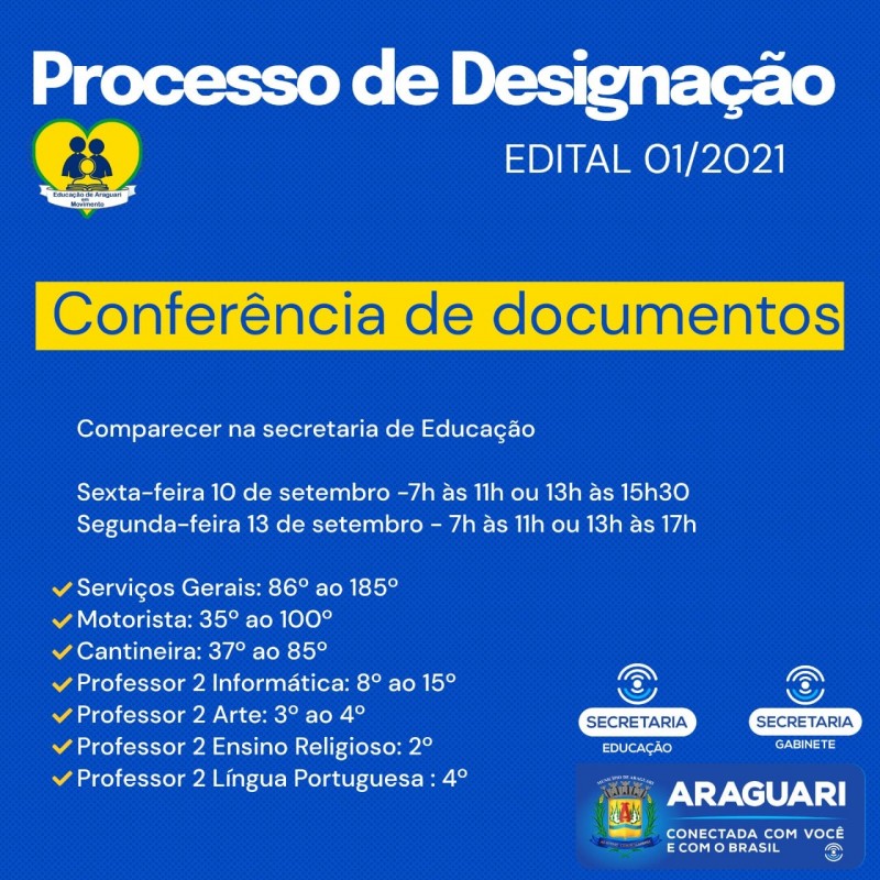 Prefeitura convoca mais candidatos selecionados no Processo de Designação