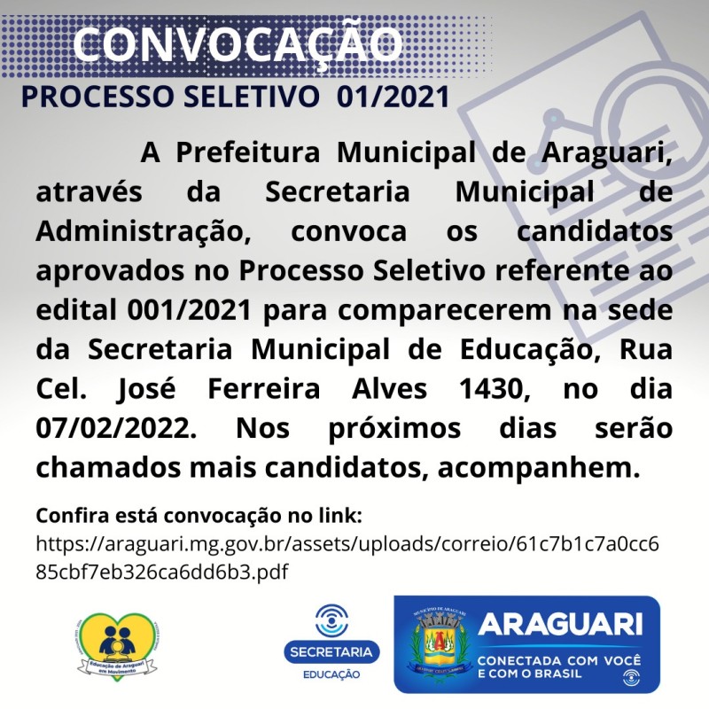 Prefeitura de Araguari convoca os candidatos aprovados no Processo Seletivo